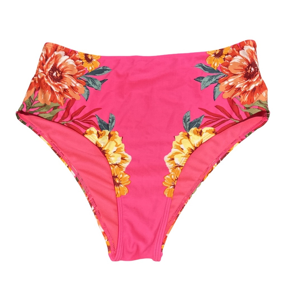 HOLLISTER SWIM women's high-waisted floral pink cheeky bikini bottoms, medium.
